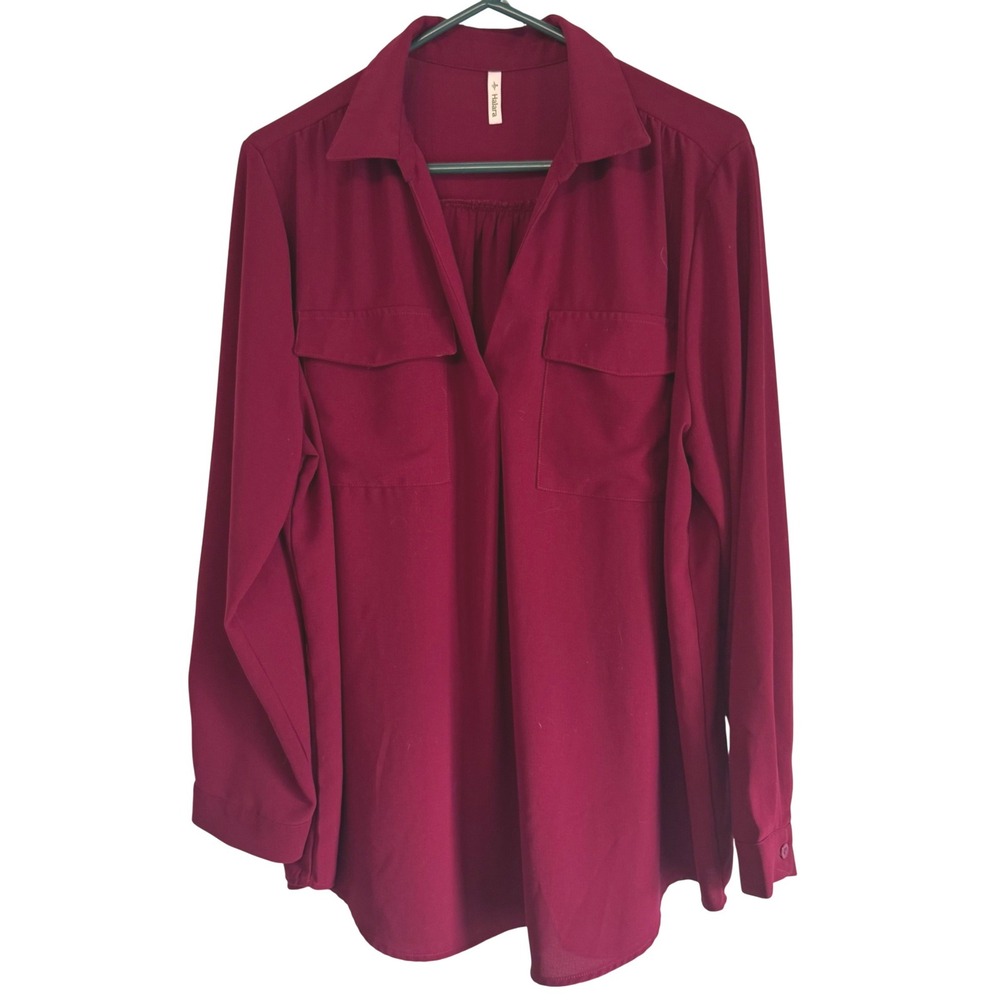 Halara Button Down Shirt Women XL Burgundy Long Sleeve Pocketed Career Chic